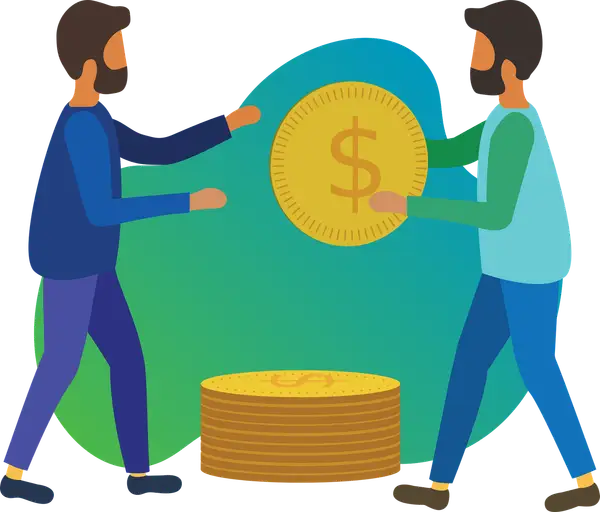شخصان يتبادلان عملة، تمثيل لصفقة P2P بين الأفراد تُسوّى بالريال السعودي